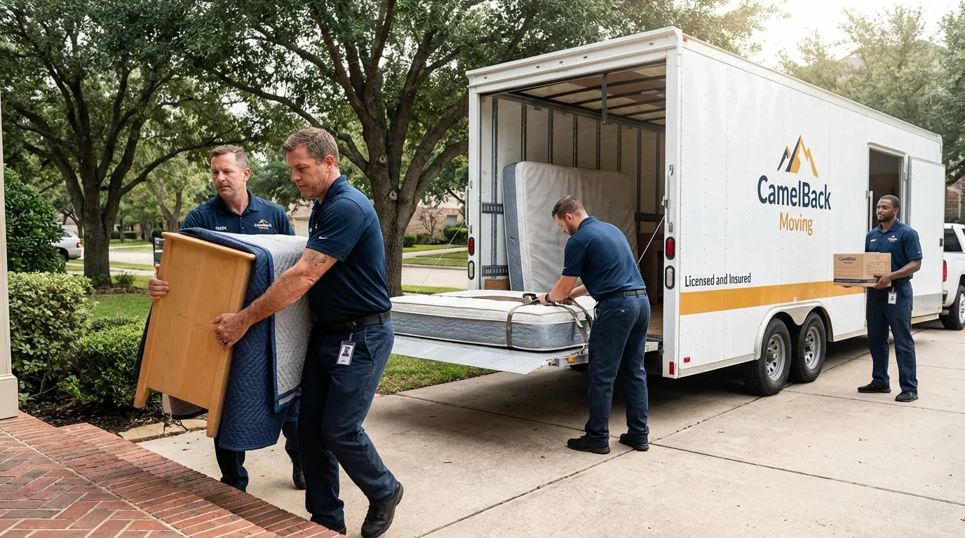 Crew loading residential truck for cross-state move from Winnsboro, LA