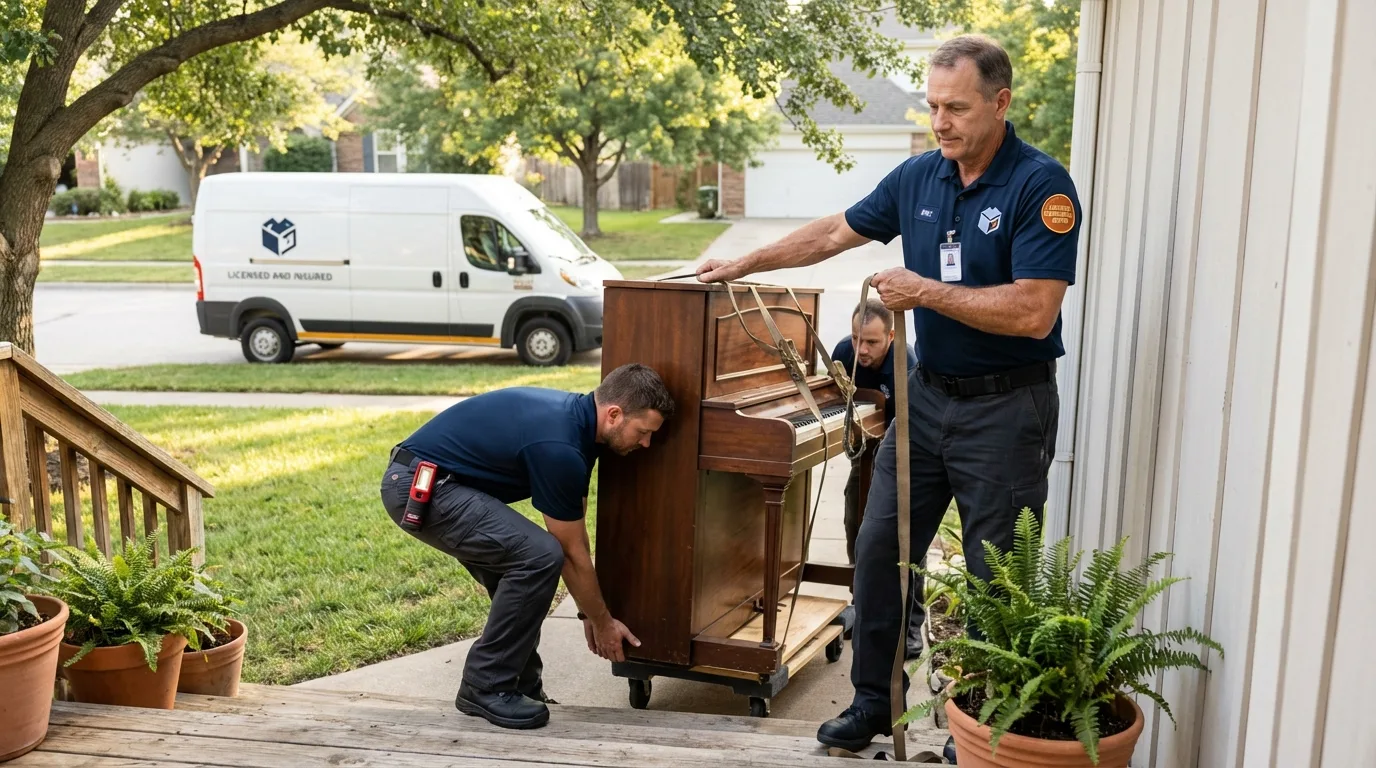Licensed piano movers securing grand piano in Winnsboro, LA