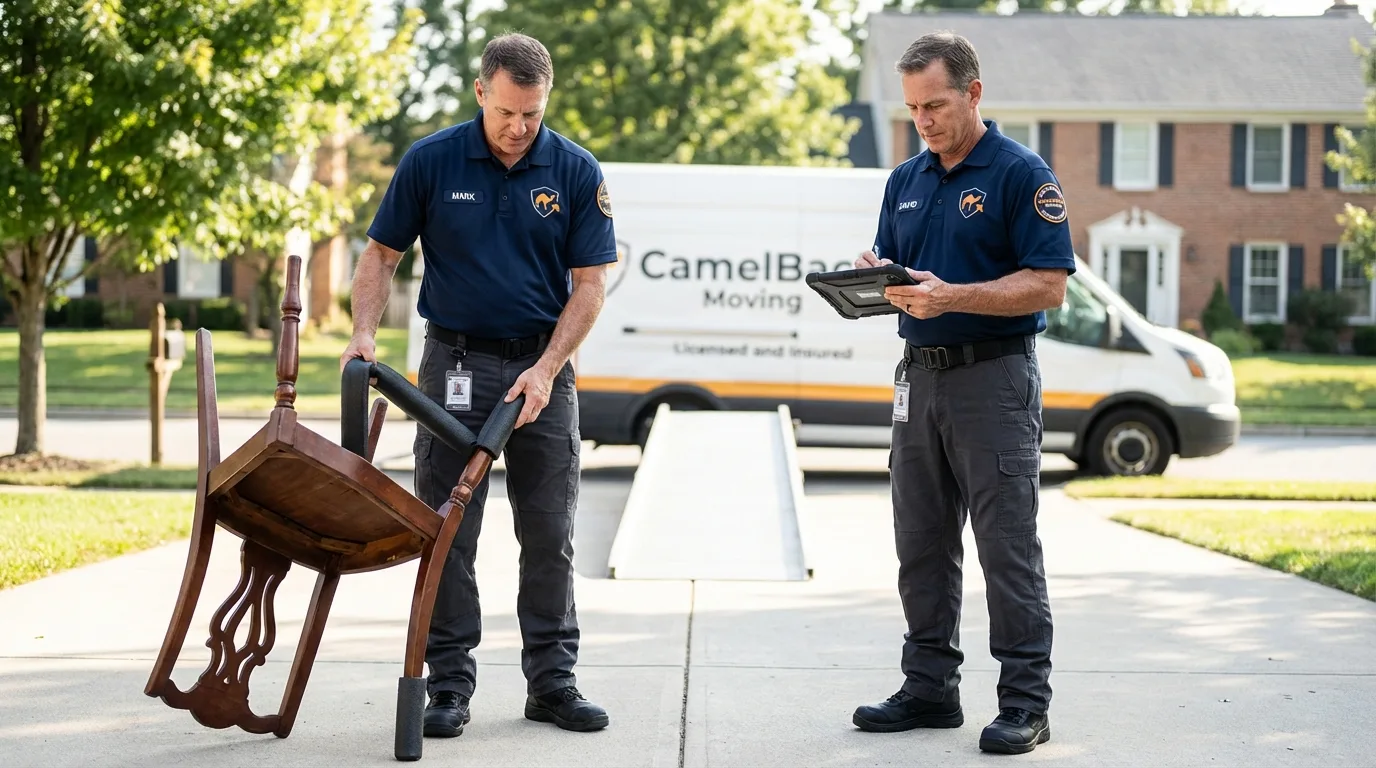 Movers inspecting furniture for damage prevention before loading in Winnsboro, LA