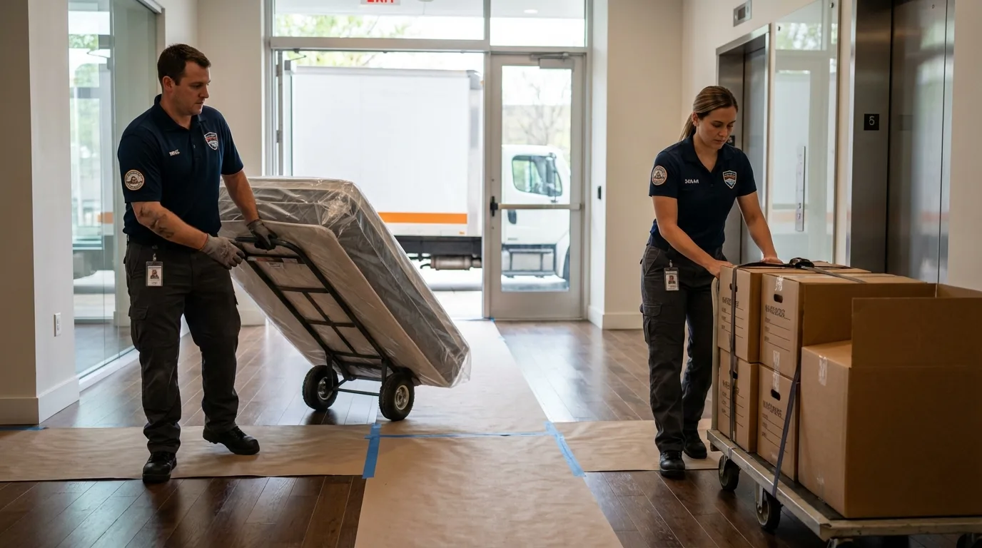 Professional apartment movers loading elevator in Winnsboro, LA