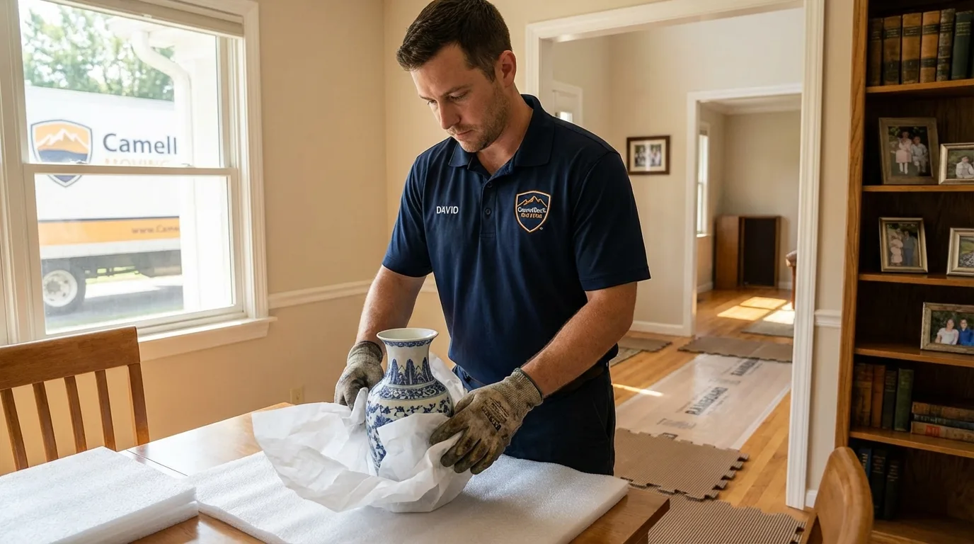 Professional crew carefully wrapping antique vase for senior downsizing move in Winnsboro, LA